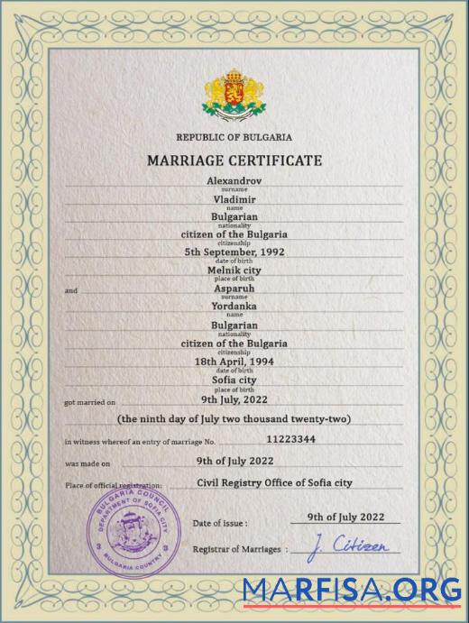 Realistic Bulgaria marriage certificate PSD template,